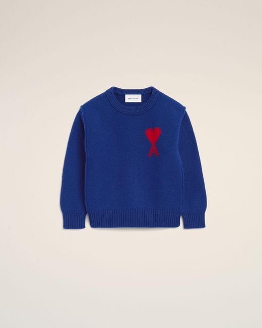 AMI Blue Crewneck Wool Sweater With Ami De Coeur