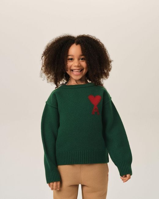 AMI Green Crewneck Wool Sweater With Ami De Coeur