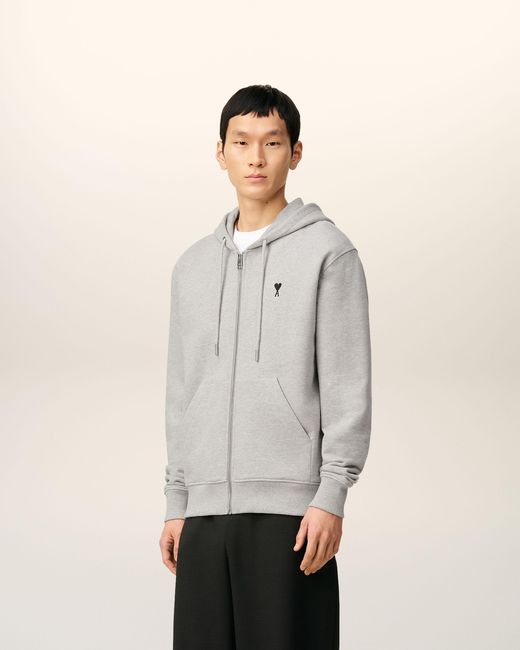 AMI Gray Zipped Cotton Hoodie With Ami De Coeur for men