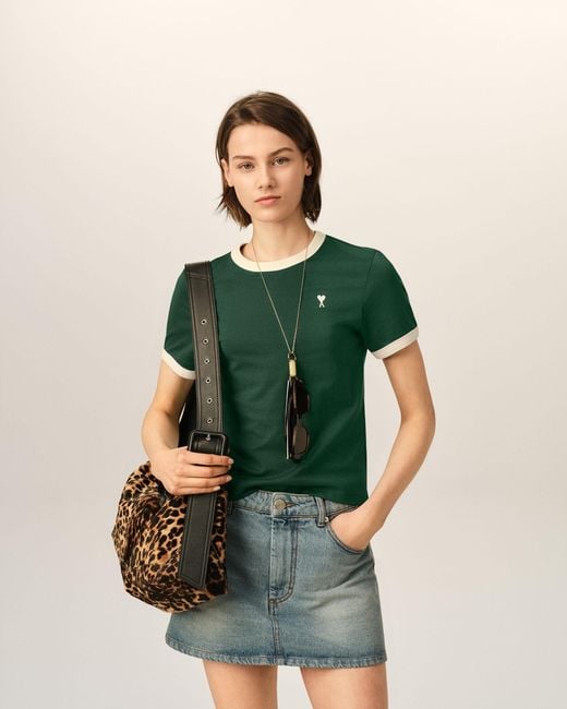 AMI Green Contrasted Cotton T-Shirt With Ami De Coeur
