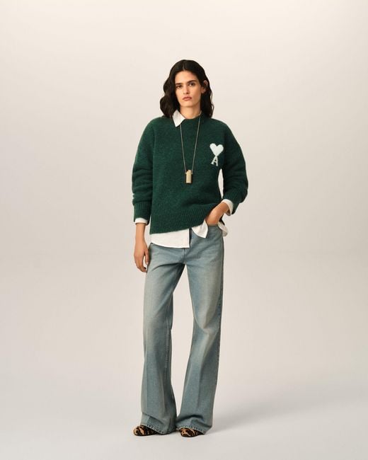 AMI Green Crewneck Alpaca Sweater With Ami De Coeur