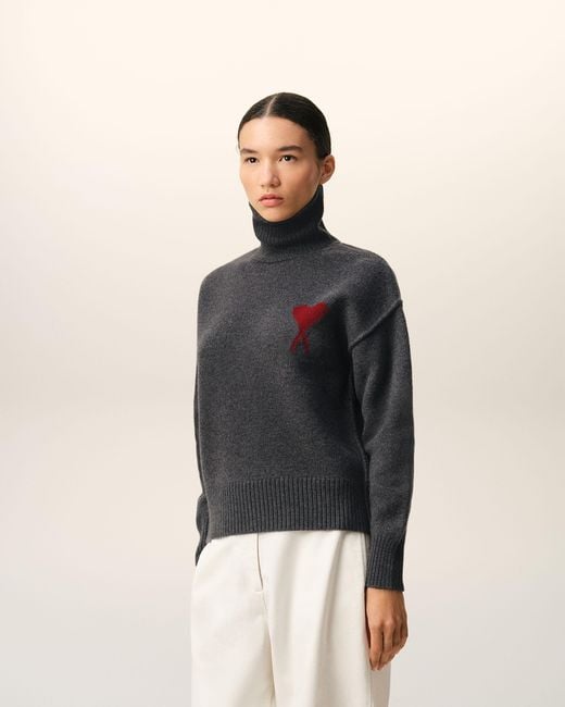 AMI Black Funell Neck Wool Sweater With Ami De Coeur
