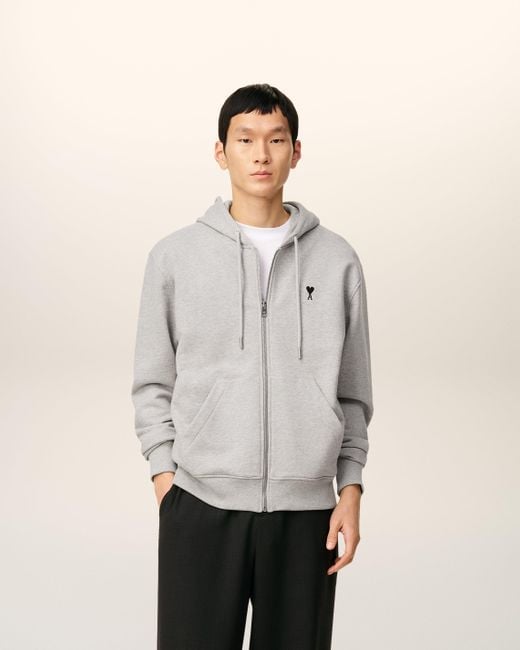 AMI Gray Cotton Zipped Ami De Coeur Hoodie for men