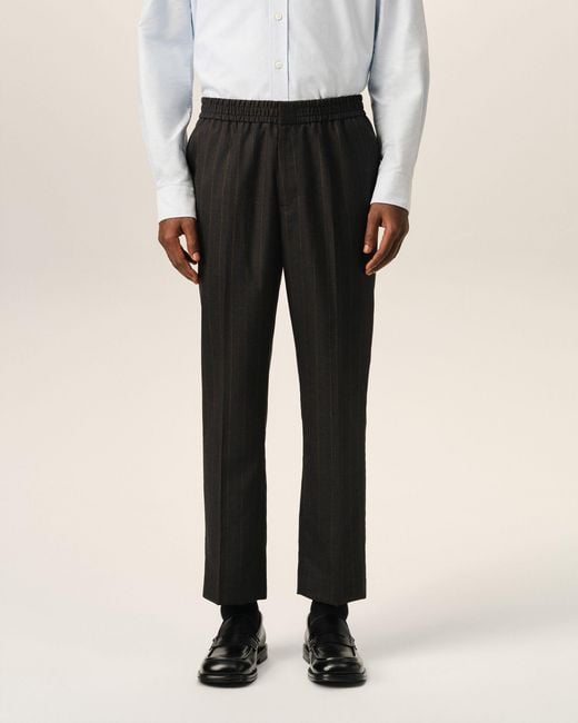 AMI Black Elasticated-Waist Striped Wool Trousers for men