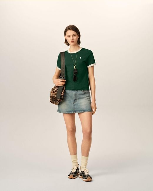 AMI Green Contrasted Cotton T-Shirt With Ami De Coeur