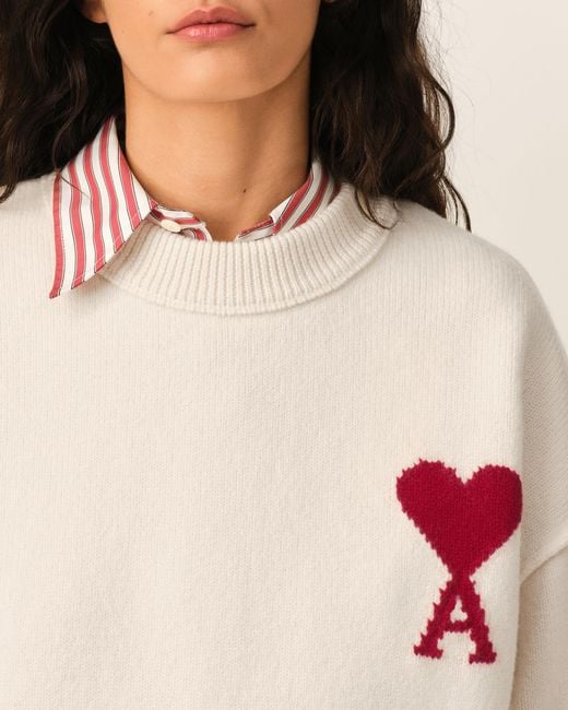 AMI Natural Crewneck Wool Sweater With Ami De Coeur