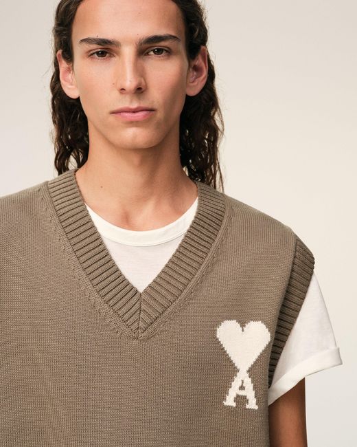 AMI Natural Wool And Cotton Sleeveless Ami De Coeur Sweater