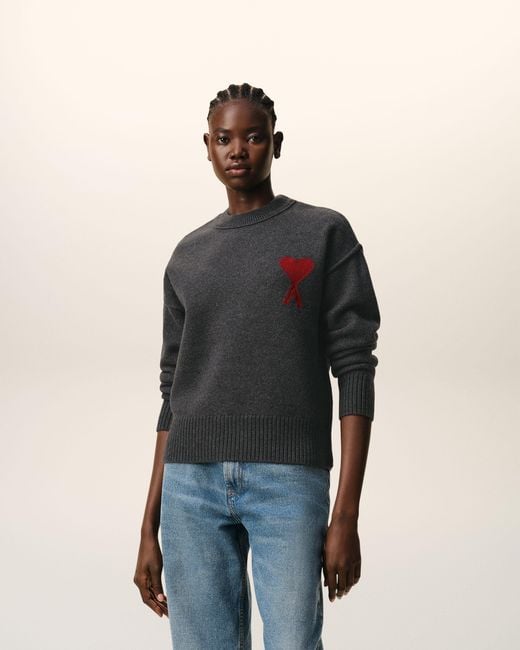 Pull Col Rond Avec Ami De Coeur Contraste En Laine AMI en coloris Blue