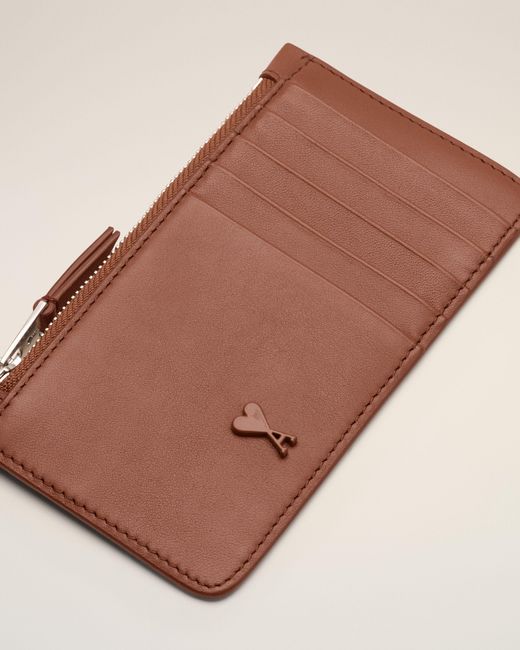 AMI Brown Cowhide Leather Ami De Coeur Zipped Card Holder