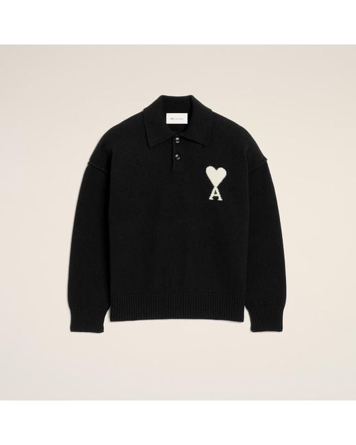 AMI Black Wool Polo With Ami De Coeur