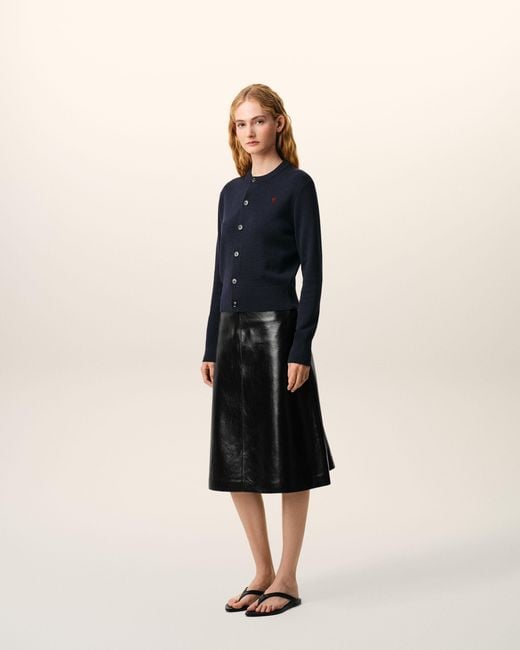 AMI Blue Wool Crewneck Cardigan With Contrasted Ami De Coeur