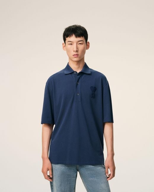 AMI Blue Cotton Ami De Coeur Knitted Patch Polo