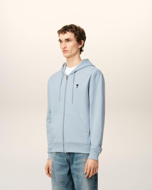 AMI Blue Cotton Zipped Ami De Coeur Hoodie for men