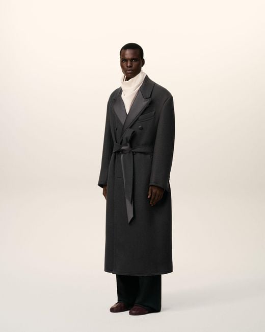 AMI Black Wool Smocking Double Breasted Long Coat for men
