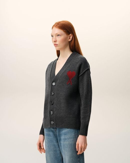 AMI Black Wool Cardigan With Contrasted Ami De Coeur