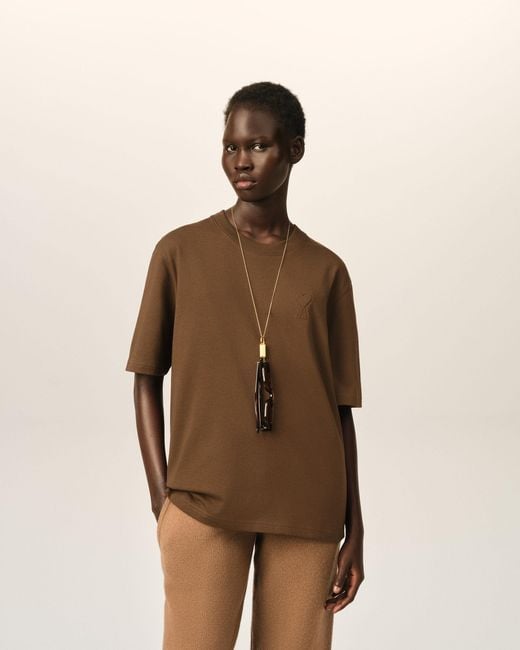 AMI Brown Cotton T-Shirt With Embossed Ami De Coeur