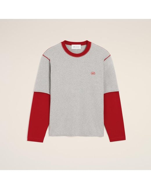 AMI White Double Sleeves Cotton T-Shirt With Ami Patch for men