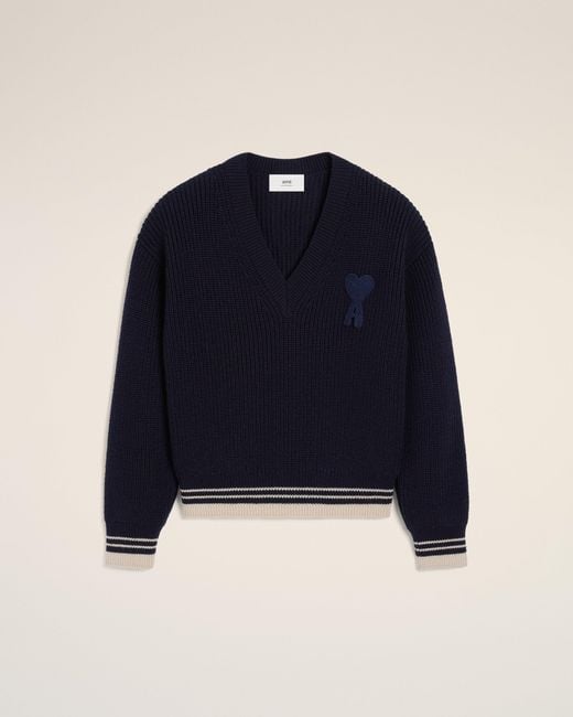 AMI Blue Wool Ribbed V Neck Sweater