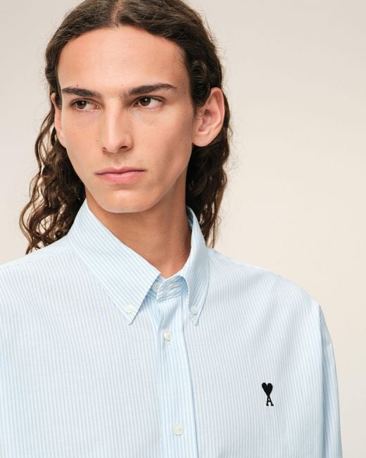 AMI Blue Stripped Cotton Shirt With Ami De Coeur for men