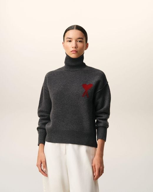 AMI Black Funell Neck Wool Sweater With Ami De Coeur