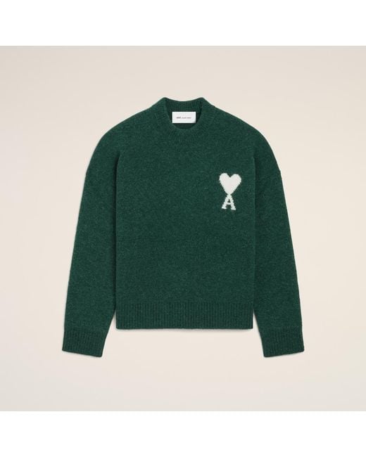 AMI Green Crewneck Alpaca Sweater With Ami De Coeur