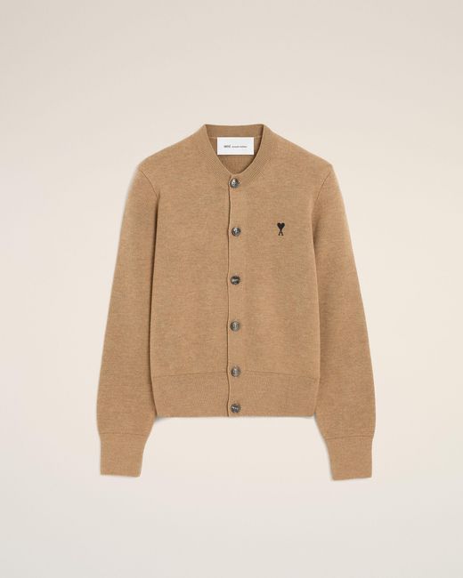 AMI Natural Crewneck Wool Cardigan With Ami De Coeur
