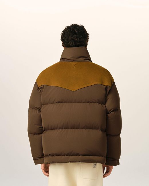 AMI Brown Nylon And Cotton Down Jacket With Leather Panels