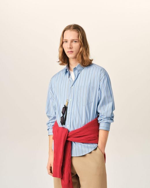 AMI Blue Boxy Striped Cotton Shirt With Embossed Ami De Coeur for men