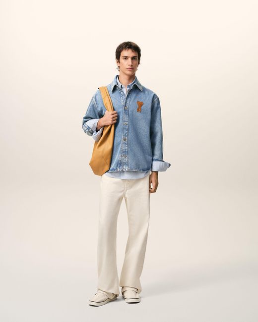 AMI Blue Worn Effect Cotton Jacket With Snap Buttons For