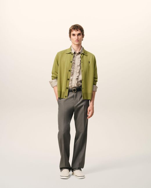 AMI Green Wool Shirt Collar Ami De Coeur Cardigan for men