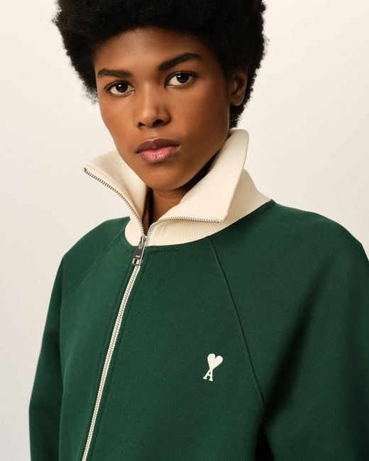 AMI Green Zipped Cotton Sweatshirt With Ami De Coeur
