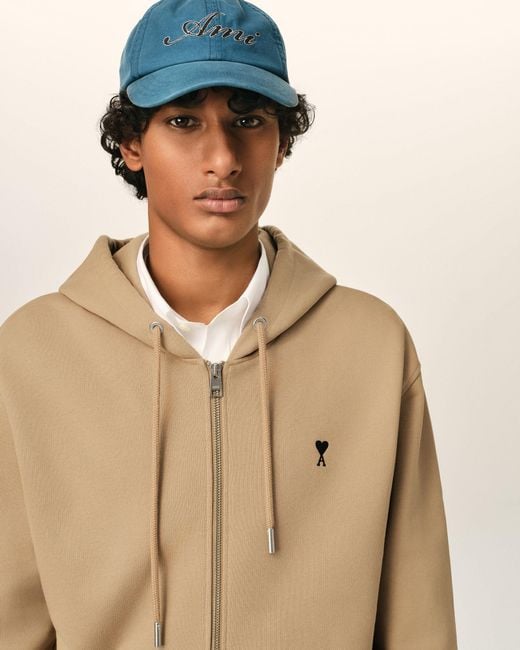 AMI Natural Zipped Cotton Hoodie With Ami De Coeur for men