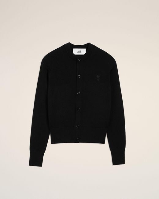 AMI Black Crewneck Wool Cardigan With Ami De Coeur
