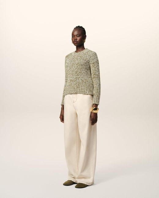AMI Natural Grüner Pullover Aus Strukturiertem Mouliné-Strick Mit Rundhalsausschnitt Weiß