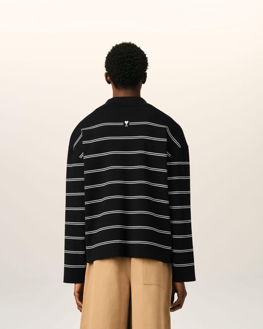AMI Black Cotton Ami Patch Striped Polo