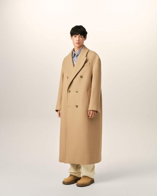 AMI Natural Long Double Breasted Wool Coat for men