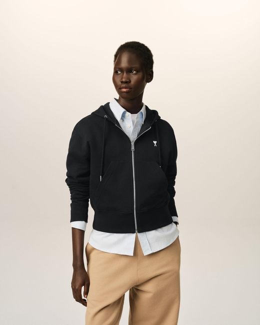 AMI Black Zipped Cotton Hoodie With Ami De Coeur