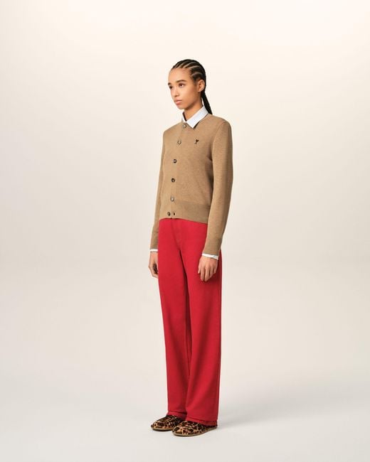 AMI Natural Crewneck Wool Cardigan With Ami De Coeur