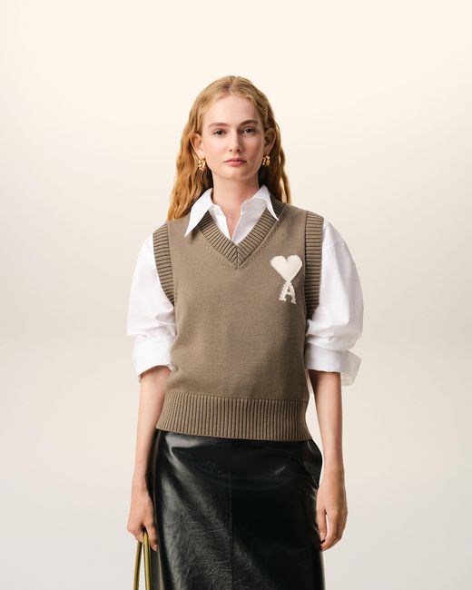 AMI Natural Wool And Cotton Sleeveless Ami De Coeur Sweater