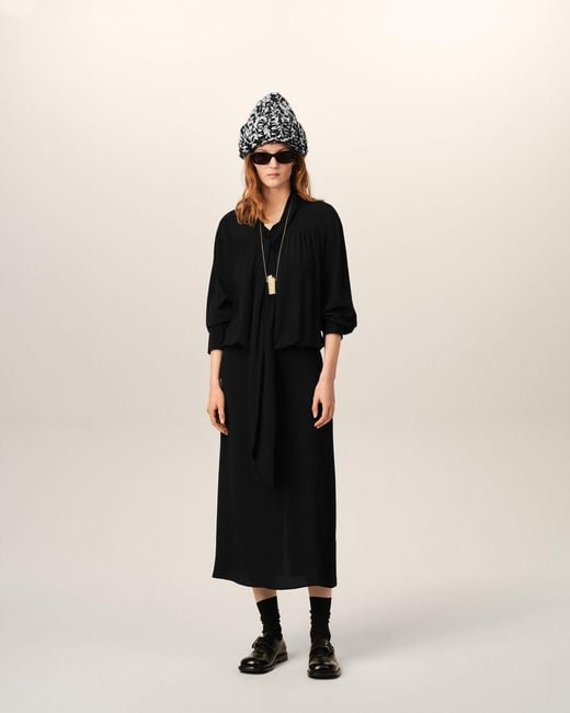 AMI Black Midi Lavalliere Silk-Blend Dress