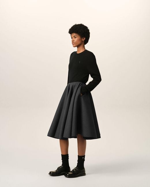 AMI Black Midi Peplum Wool Skirt