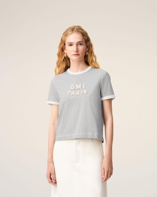 AMI Gray Cotton Knitted Patch T-Shirt
