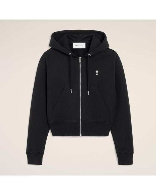 AMI Black Zipped Cotton Hoodie With Ami De Coeur
