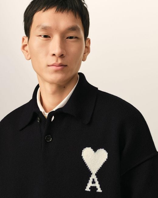 AMI Black Wool Polo With Ami De Coeur