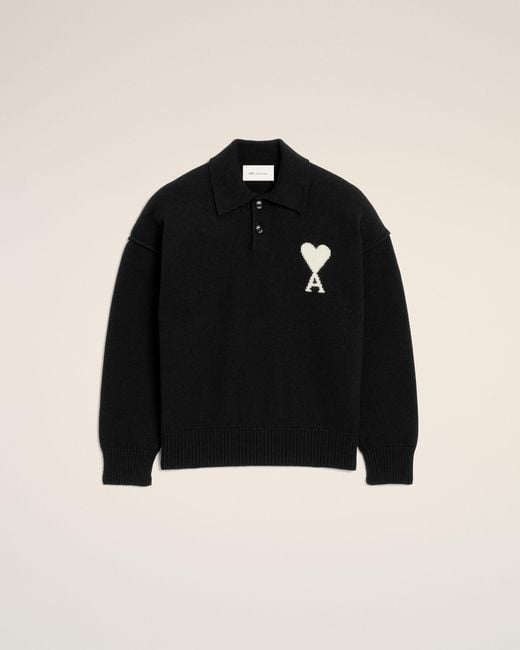 AMI Black Wool Polo With Ami De Coeur