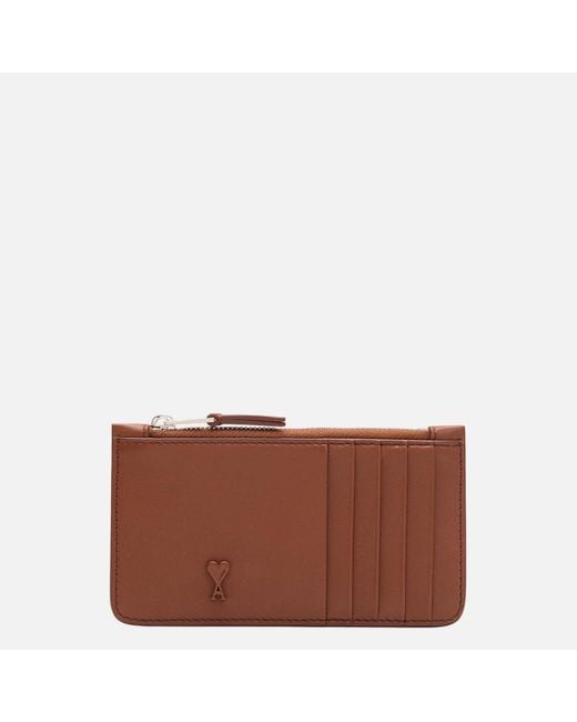 AMI Brown Cowhide Leather Ami De Coeur Zipped Card Holder