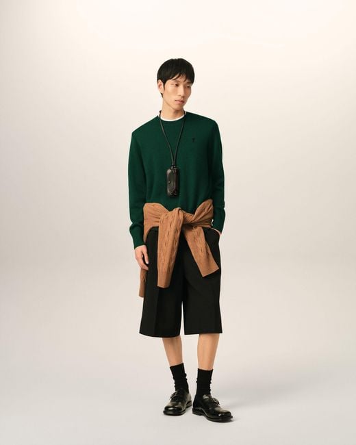 AMI Green Crewneck Wool Sweater With Ami De Coeur for men