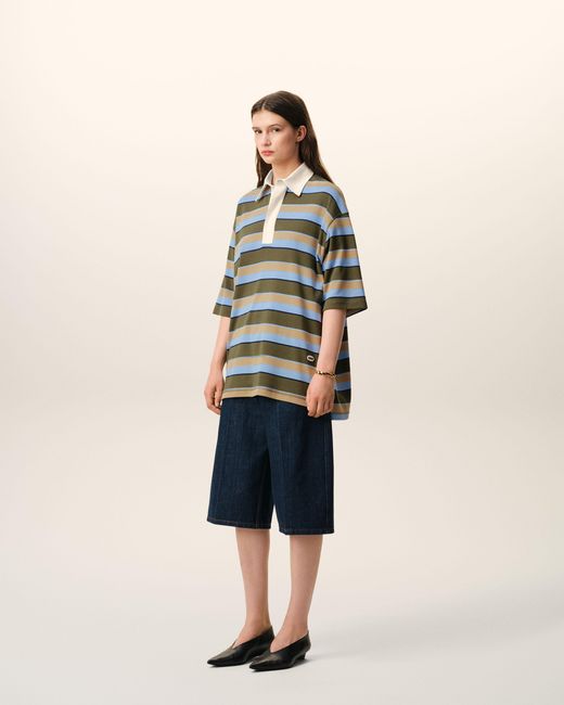 AMI Blue Striped Cotton Ami Patch Polo