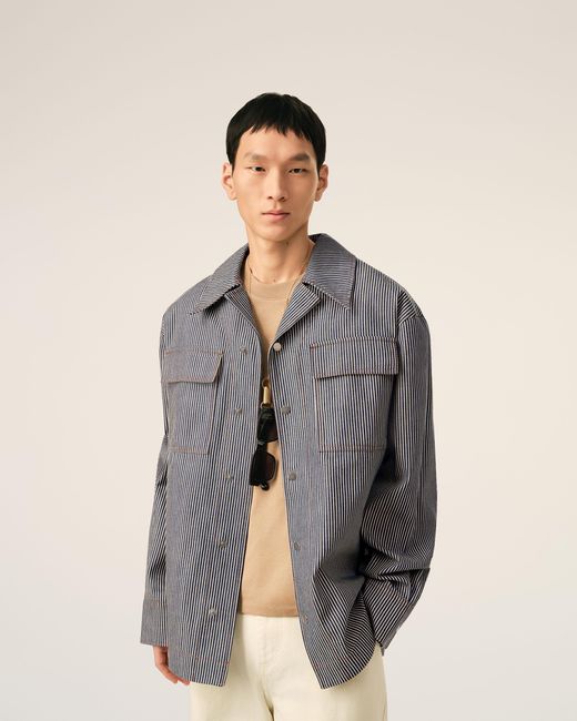AMI Gray Striped Cotton Camp Collar Overshirt for men