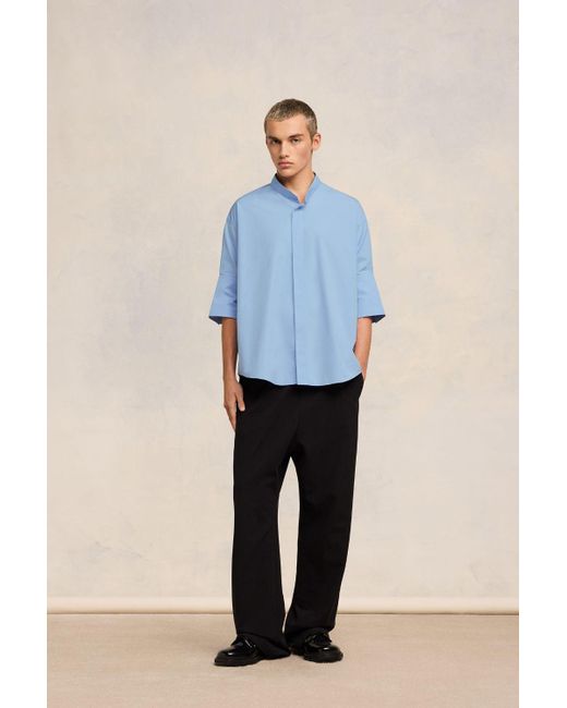 AMI Blue Oversize Shirt With Mao Collar for men